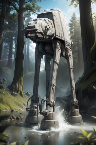 ((1 male)), AT-AT Walker, whole body, 3D figure, AT-AT, damaged AT-AT, scratches on the exterior, tracer bullets, laser beams flying around, natural light, realistic image quality, dynamic pose, video lighting , Perfect Composition, Super Detail, Official Art, Masterpiece, Top Quality, Reflections , High Resolution CG Unity 8K Each Wallpaper, Detailed Background, Masterpiece, Photorealistic, Random Angle, Forest Planet, Endor, Jungle, Full Body, Star Wars ,