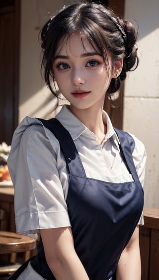 ((highest quality, 8k, masterpiece)), Super detailed, Sharp focus, One beautiful woman, ((Navy Polar Apron:1.4)), (Updo:1.4), (Simple collared shirt:1.4), Highly detailed face and skin texture, ((Fine grain)), ((Beautiful dark eyes:1.4)), (smile:1.15), (Mouth closed), Cafe,cute girl