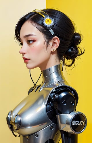 profile photo, in front of the yellow wall, Asian cyborg woman without body, connected by cable, Twisted cable and wire and LED, Charming eyes bodypunk PLC robot、silver motor head, with ray gun, 80 degree field of view, art by：sergio lopez, natalie shau, James Jean and Salvador Dali, (Yellow background:1.5),lvdress