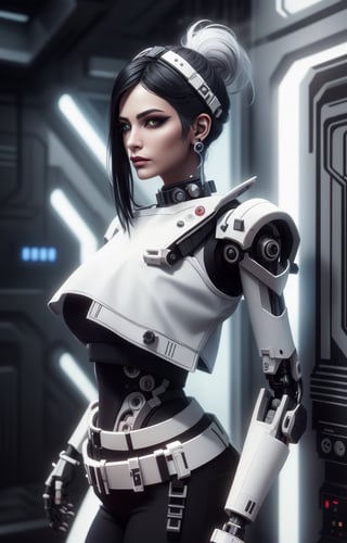 (Masterpiece, Best Quality, 1 Girl, Solo, Intricate Details, Chromatic Aberration), Real,, 2bTheEmpireStyle, White, White Cyborg Fashion Shot, Punk Warrior, ((Sigh)), (Sad Smile: 0.6), Long Hair, Black Hair , white headdress, pearl highlights, hair on one eye, yellow eyes, earrings, sharp eyes, , (symmetrical eyes), (perfectly symmetrical body), by the wall, fractal decoration staring at the viewer, Unreal Engine, ArtStation In trend, high-tech plastic,TheEmpireStyle,cool