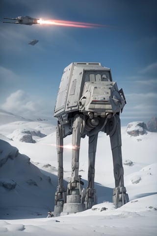 ((1 male)), AT-AT Walker, whole body, 3D figure, AT-AT, natural light, realistic image quality, dynamic pose, flying laser beams, tracer bullets, in battle, attacking, satellite laser, laser beam from the sky, snow smoke, Video lighting, perfect composition, super detail, official art, masterpiece, top quality, reflection, each high resolution CG Unity 8K wallpaper, detailed background, masterpiece, photorealistic, random angle, snow field, ice planet, HOTH, full body ,Star Wars,