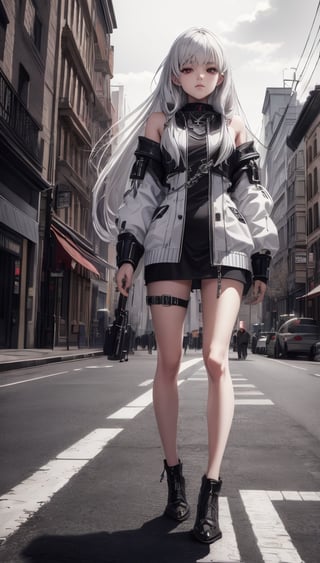 best quality, 4K wallpaper, masterpiece, extremely detailed CG unity 8k wallpaper, extremely detailed eyes, ultra-detailed, intricate details, 1girl, solo, red eyes, silver hair, long hair, TheEmpireStyle, white, jewelry,  looking at viewer, full body, road sign, street park, street, Cyberpunk city,  TheEmpireStyle,semirealistic