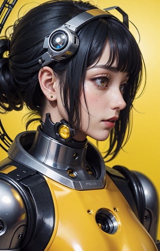 Profile picture, in front of a yellow wall, a disembodied Asian cyborg woman, dynamic pose, connected by cables, twisted cables and wires and LEDs, bodypunk PLC robot with attractive eyes, silver motor head, with ray gun, 80 degree field of view, art: Sergio Lopez, Natalie Schau, James Jean, Salvador Dali, (yellow background: 1.5)