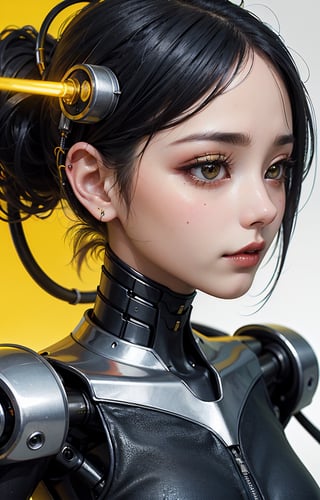 profile photo, in front of the yellow wall, Asian cyborg woman without body, connected by cable, Twisted cable and wire and LED, Charming eyes bodypunk PLC robot、silver motor head, with ray gun, 80 degree field of view, art by：sergio lopez, natalie shau, James Jean and Salvador Dali, (Yellow background:1.5)