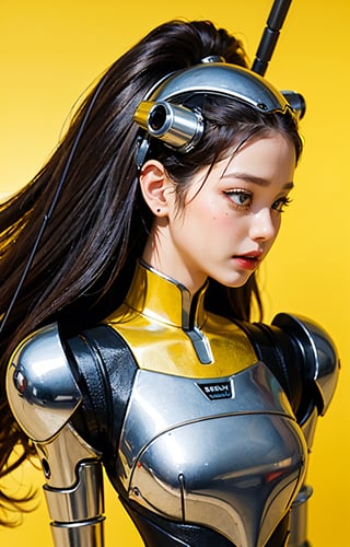 profile photo, in front of the yellow wall, Asian cyborg woman without body, connected by cable, Twisted cable and wire and LED, Charming eyes bodypunk PLC robot、silver motor head, with ray gun, 80 degree field of view, art by：sergio lopez, natalie shau, James Jean and Salvador Dali, (Yellow background:1.5)
