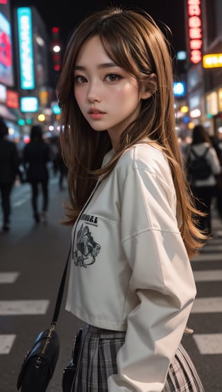 Masterpiece, high-definition viewer, JPNIODL's beautiful model, beautiful brown semi-long hair, amazing high resolution, wide-angle lens, 14mm lens, low angle, low-angle shot, detailed eyes, Harajuku, Takeshita Street, slope, cityscape at dusk, Adds 8K high resolution, instant poses, detailed backgrounds, Casual fashion, Tyndall effect, backlighting, hair detailing, detailed face, detailed nose, detailed mouth, detailed body, and hair details. and paint.
,Bomi,fashion