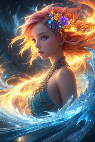 (masterpiece, top quality, best quality, official art, beautiful and aesthetic:1.2), (1girl), extreme detailed,(abstract, fractal art:1.3),colorful hair,highest detailed, detailed_eyes, fire, water,flower, ice, lightning, light_particles, ghost,