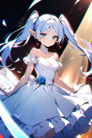 Frieren, pigtails hair, wedding dress, blue flowers, holographic lights