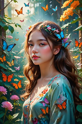 Girl with butterfly head, Surrounded by colorful gardens, Soft and soothing colors, Vibrant flowers, Butterflies flutter around, gentlesunlight, Fantastic atmosphere, Detailed and authentic features, Smooth brushstrokes, Oil painting medium, High quality and high resolution, Magical and surreal style, Fascinating and imaginative scenes, happy and peaceful mood, Intricate patterns on butterfly wings, Delicate petals and leaves, Harmonious composition, Ethereal and charming atmosphere, girl calm expression, Grab your audience's attention, Evoke emotions、A masterpiece that inspires creativity. (Best quality at best, 4K, A high resolution, tmasterpiece:1.2), ultra - detailed, actual:1.37, oil painted, vivd colour, gentlesoftlighting, enchanting Garden, Magical butterflies