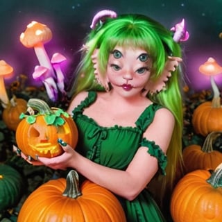 woman, she wears an green dress, green hair, holding a pumpkin, pumpkins, mushrooms glowing with led, messy hair, holding knife, nails, pumpkins