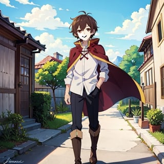 (masterpiece), high quality, 10 year old kid, solo, anime style, short hair, dark brown hair, calm look, smiling, white villager shirt, gray sleeves, red cape with white, black pants, brown boots, brown eyes dark, standing,SHADOW