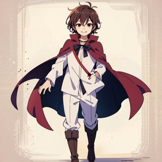 (masterpiece), high quality, 10 year old kid, solo, anime style, short hair, dark brown hair, calm look, smiling, white villager shirt, gray sleeves, red cape with white, black pants, brown boots, brown eyes dark, standing,SHADOW