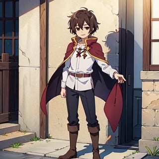 (masterpiece), high quality, 10 year old boy, solo, anime style, short hair, dark brown hair, calm look, smiling, white villager shirt, gray sleeves, red cape with white, black pants, brown boots, brown eyes dark, standing,SHADOW
