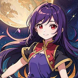 (masterpiece), high quality, 10 year old girl, solo, anime style, long hair, dark purple hair, happy look, purple villager dress, red eyes with some yellow, purple aura