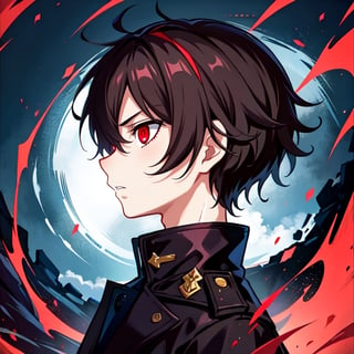 (masterpiece), high quality, 10 year old boy, solo, anime style, profile photo, looking front, only face, short hair, dark brown hair,  serious look, black coat, high-neck trench coat, black pants, red eyes, glowing eyes, red aura.