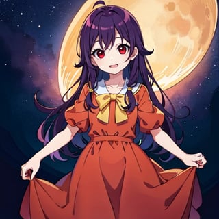 (masterpiece), high quality, 10 year old girl, solo, anime style, long hair, dark purple hair, happy look, villager dress, red eyes with some yellow, purple aura