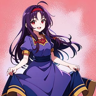 (masterpiece), high quality, 10 year old girl, solo, anime style, long hair, dark purple hair, happy look, purple villager dress, red eyes with some yellow, purple aura