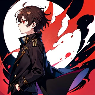 (masterpiece), high quality, 10 year old boy, solo, anime style, profile photo, looking front, only face, short hair, dark brown hair,  serious look, black coat, high-neck trench coat, black pants, red eyes, glowing eyes, red aura.