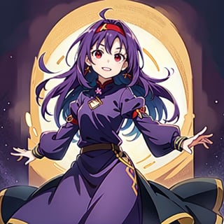 (masterpiece), high quality, 10 year old girl, solo, anime style, long hair, dark purple hair, happy look, purple villager dress, red eyes with some yellow, purple aura,Konno_Yuuki