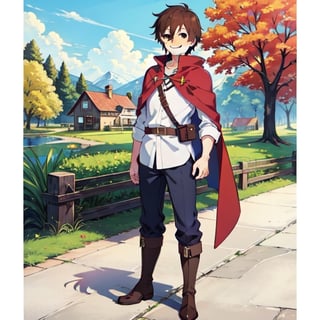 (masterpiece), high quality, 10 year old boy, solo, anime style, short hair, dark brown hair, calm look, smiling, white villager shirt, gray sleeves, red cape with white, black pants, brown boots, brown eyes dark, standing,SHADOW
