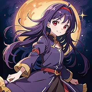 (masterpiece), high quality, 10 year old girl, solo, anime style, long hair, dark purple hair, happy look, purple villager dress, red eyes with some yellow, purple aura,Konno_Yuuki