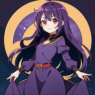 (masterpiece), high quality, 10 year old girl, solo, anime style, long hair, dark purple hair, happy look, purple dress, red eyes with some yellow, purple aura