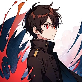 (masterpiece), high quality, 10 year old boy, solo, anime style, profile photo, looking front, only face, short hair, dark brown hair,  serious look, black coat, high-neck trench coat, black pants, red eyes, glowing eyes, red aura.