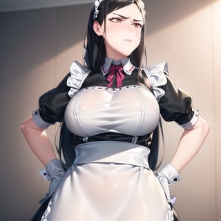 (((Alone))), (mature_female 2.5), white skin, (black_eyes 2.0), black_hair 2.0, (((tied hair))), long nose 1.2, (((maid cosplay))),

BREAK, (bad mood face), closed_mouth, (hands on hips), (((looking away))),

BREAK, cowboy_shot, masterpiece, high_resolution, best_quality, 4k, (((detailed_face))), detailed_eyes, detailed_body, (((detailed_clothes))), (((perfect anatomy))), (((bedroom_background))),tengokustyle,