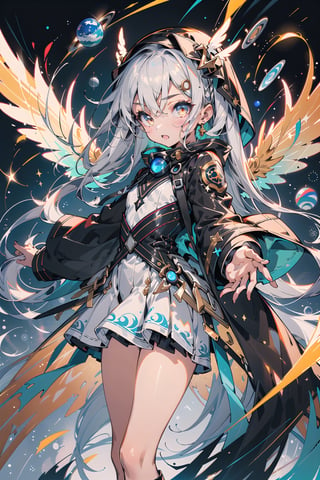 {{{masterpiece}}}, {{{best quality}}}, {{ultra-detailed}}, {illustration}, {{an extremely delicate and beautiful}},(1girl),(((planet))), silver hair, , ((gold eyes)),spread arms,outstretched hand,veil,glowing wings,bored,petite