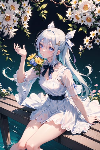 masterpiece, best quality, 1 girl, flowers, floral background, nature, pose, perfect hands, modern outfit, detailed, sparkling, sitting, lace detail, long hair, ultra detailed, ultra detailed face, clear eyes, good lighting,, perfect anatomy, stylish white outfit, different hairstyles, hair ribbons, front view, from above