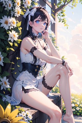 masterpiece, best quality, 1 girl, flowers, floral background, nature, pose, perfect hands, modern outfit, detailed, sparkling, sitting, lace detail, long hair, ultra detailed, ultra detailed face, clear eyes, good lighting,, perfect anatomy, stylish white outfit, different hairstyles, hair ribbons, front view