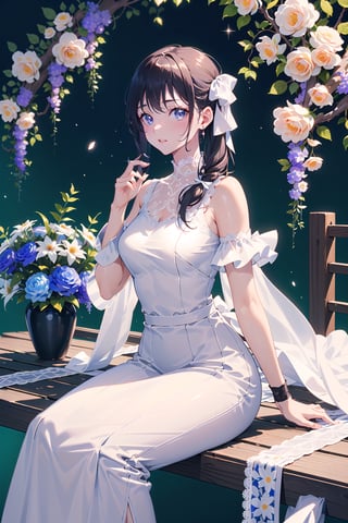 masterpiece, best quality, 1 girl, flowers, floral background, nature, pose, perfect hands, modern outfit, detailed, sparkling, sitting, lace detail, long hair, ultra detailed, ultra detailed face, clear eyes, good lighting,, perfect anatomy, stylish white outfit, different hairstyles, hair ribbons, front view