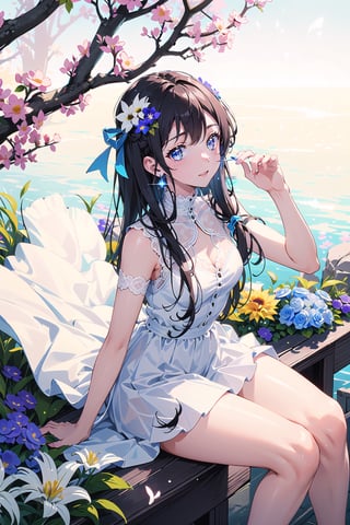 masterpiece, best quality, 1 girl, flowers, floral background, nature, pose, perfect hands, modern outfit, detailed, sparkling, sitting, lace detail, long hair, ultra detailed, ultra detailed face, clear eyes, good lighting,, perfect anatomy, stylish white outfit, different hairstyles, hair ribbons, front view, from above