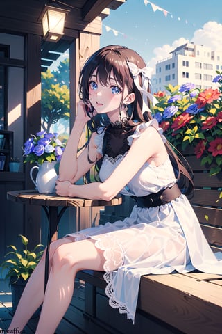 masterpiece, best quality, 1 girl, flowers, floral background, nature, pose, perfect hands, modern outfit, detailed, sparkling, sitting, lace detail, long hair, ultra detailed, ultra detailed face, clear eyes, good lighting,, perfect anatomy, stylish white outfit, different hairstyles, hair ribbons, front view