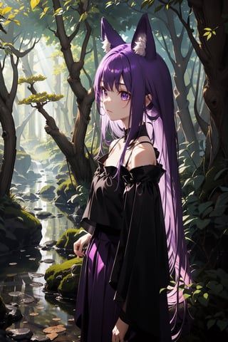 forest, psychic glow, long skirt, open blouse, long purple hair, shiny purple eyes, long fringe hair, long ears, head and shoulder shot, close up, nature background, river, daylight, sunlight, woods, bright daylight, prism glow, stood by tree, shite blouse, long purple animal ears