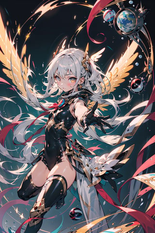 {{{masterpiece}}}, {{{best quality}}}, {{ultra-detailed}}, {illustration}, {{an extremely delicate and beautiful}},(1girl),(((planet))), silver hair, , ((gold eyes)),spread arms,outstretched hand,veil,glowing wings,bored,petite