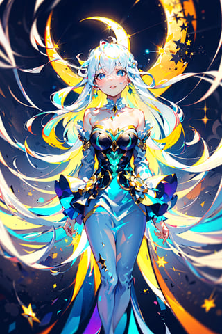 loose blouse, frilly, ruffles, golden hair pins, sparkling eyes, (floating_hair), white hair, light hair, moon in background, moonlight, glowing moon, quarter moon, flowing dress, white frilly dress, frilly collar, sparkling stars, long hair