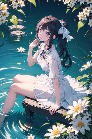 masterpiece, best quality, 1 girl, flowers, floral background, nature, pose, perfect hands, modern outfit, detailed, sparkling, sitting, lace detail, long hair, ultra detailed, ultra detailed face, clear eyes, good lighting,, perfect anatomy, stylish white outfit, different hairstyles, hair ribbons, front view, from above, water effect, sparkling water, ripples