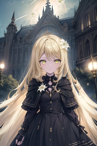 1 girl, surrounded by energy, long blonde hair, wavy hair, golden eyes, black dress, white lily, palace exterior elegant, palace,  good lighting, cold expression, high quality, shiny hair, detailed dress,fantasy00d, add brightness, pretty black dress, outdoors