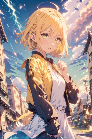 1 girl, solo, eevee, short blonde hair,  golden yellow eyes, stylish yellow outfit, yellow biker jacket, fluffy collar, cityscape background, dynamic pose, grinning, shiny eyes, different hairstyle, human, ,thundermagic, lightning in hands, electrical current in eyes, sparks