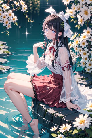 masterpiece, best quality, 1 girl, flowers, floral background, nature, pose, perfect hands, modern outfit, detailed, sparkling, sitting, lace detail, long hair, ultra detailed, ultra detailed face, clear eyes, good lighting,, perfect anatomy, stylish white outfit, different hairstyles, hair ribbons, front view, from above, water effect