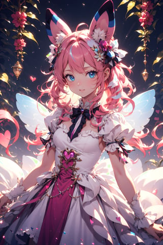 sylveon, human, pink hair, ribbons, fairy-like appearance, long pink hair, blue eyes, frilly outfit, hearts, white dress,coloured glaze,fairy