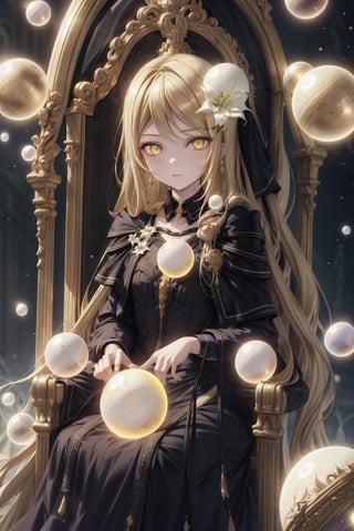 1 girl, surrounded by glowing colorful orbs, long blonde hair, wavy hair, golden eyes, black dress, white lily, throne, elegant, palace interior, good lighting, cold expression, high quality, shiny hair, detailed dress,fantasy00d, multi coloured orbs, (small spiritual orbs), ((small spiritual orbs))