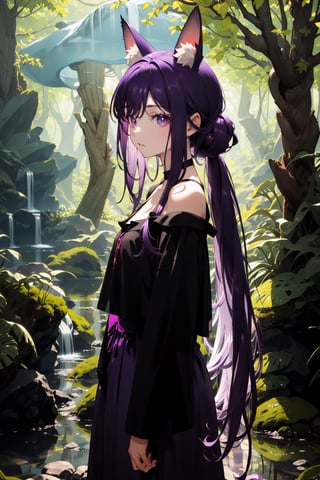 forest, psychic glow, long skirt, open blouse, long purple hair, shiny purple eyes, long fringe hair, long ears, head and shoulder shot, close up, nature background, river, daylight, sunlight, woods, bright daylight, prism glow, stood by tree trunk, long purple animal ears