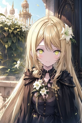 1 girl, surrounded by energy, long blonde hair, golden eyes, black dress, white lily, palace exterior elegant, palace,  good lighting, cold expression, high quality, shiny hair, detailed dress,fantasy00d, add brightness, pretty black dress, outdoors