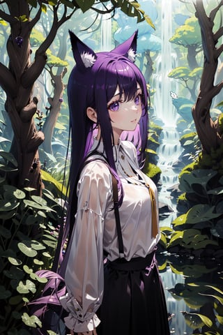 forest, psychic glow, long skirt, open blouse, long purple hair, shiny purple eyes, long fringe hair, long ears, head shot, close up, nature background, river, daylight, sunlight, woods, bright daylight, prism glow, long purple animal ears