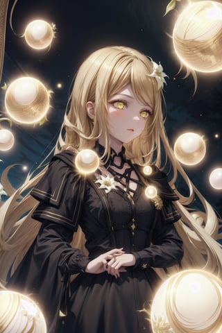 1 girl, surrounded by glowing colorful orbs, long blonde hair, wavy hair, golden eyes, black dress, white lily, palace exterior elegant, palace,  good lighting, cold expression, high quality, shiny hair, detailed dress,fantasy00d, multi coloured orbs, add brightness, pretty black dress, outdoors