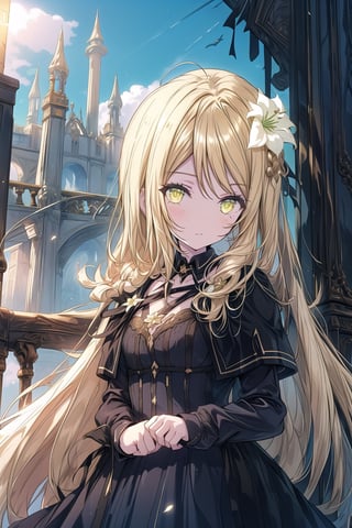1 girl, surrounded by energy, long blonde hair, wavy hair, golden eyes, black dress, white lily, palace exterior elegant, palace,  good lighting, cold expression, high quality, shiny hair, detailed dress,fantasy00d, add brightness, pretty black dress, outdoors