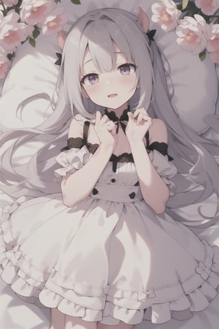 ,perfect,hand,fingers, black and red dress,  ,  fluffy sleeves,  long sleeves,  long hair,  high pig tails,  shiny skin,  loose dress,  laying,  plush pillows,  happy,  dreamy,  pastel,  flower detail,  bright eyes, ,aahayasaka, long hair 