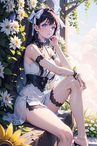 masterpiece, best quality, 1 girl, flowers, floral background, nature, pose, perfect hands, modern outfit, detailed, sparkling, sitting, lace detail, long hair, ultra detailed, ultra detailed face, clear eyes, good lighting,, perfect anatomy, stylish white outfit, different hairstyles, hair ribbons, front view